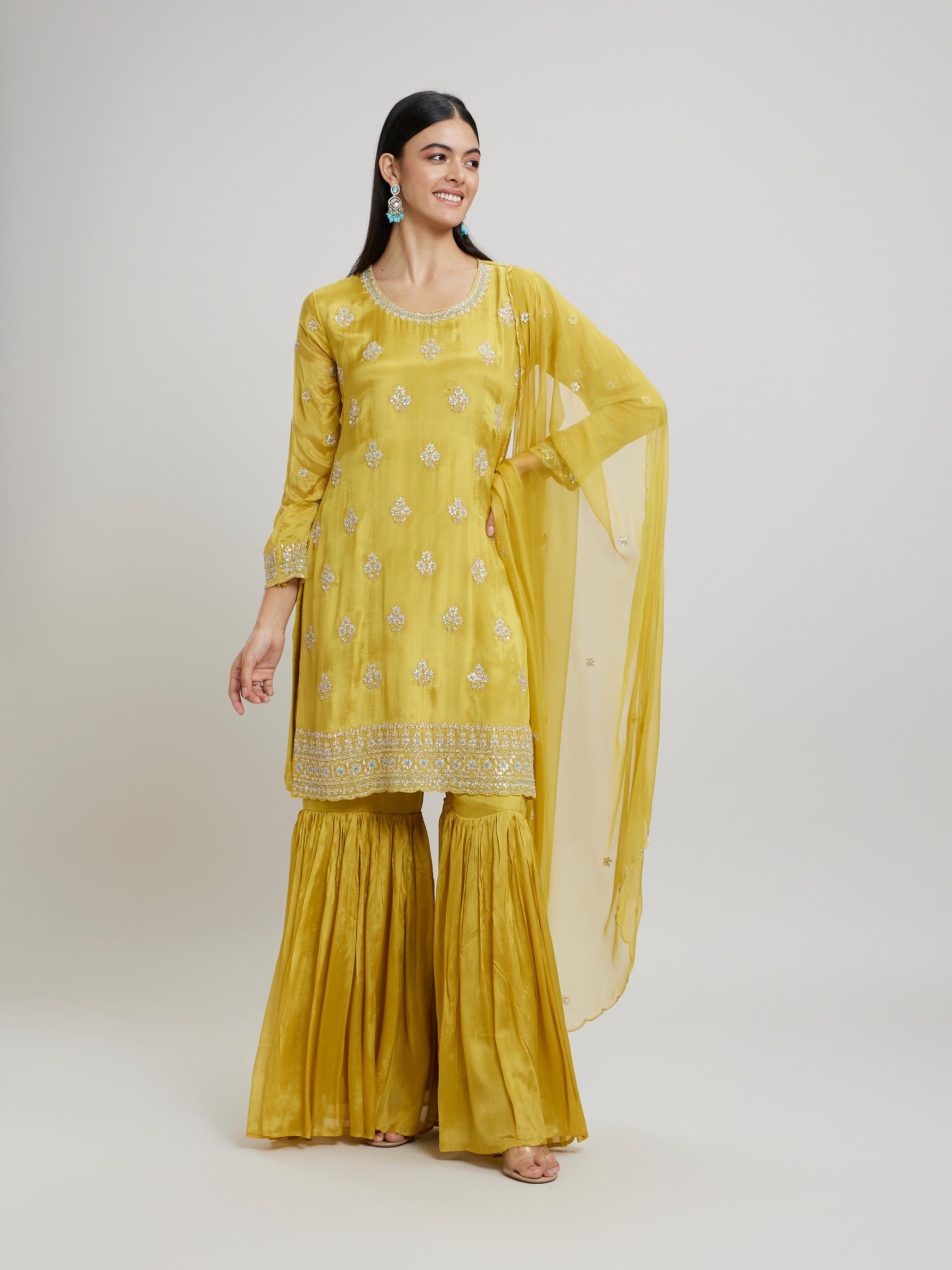 Twamev Women Radiant Yellow Chinon Stitched Suit