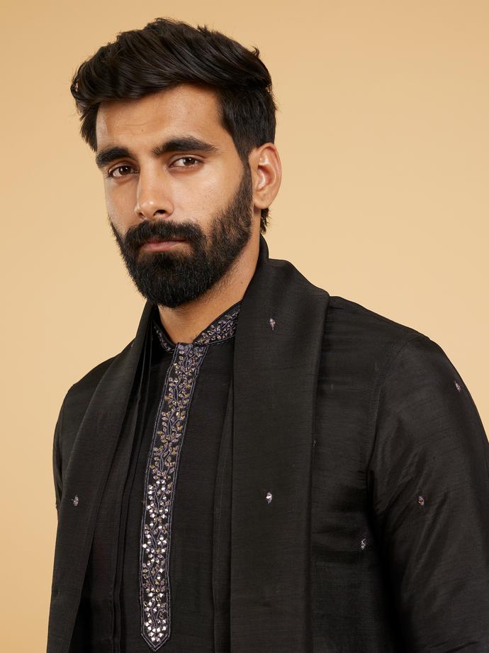 Twamev Men Royal Purple Black Kurta Set with Dupatta