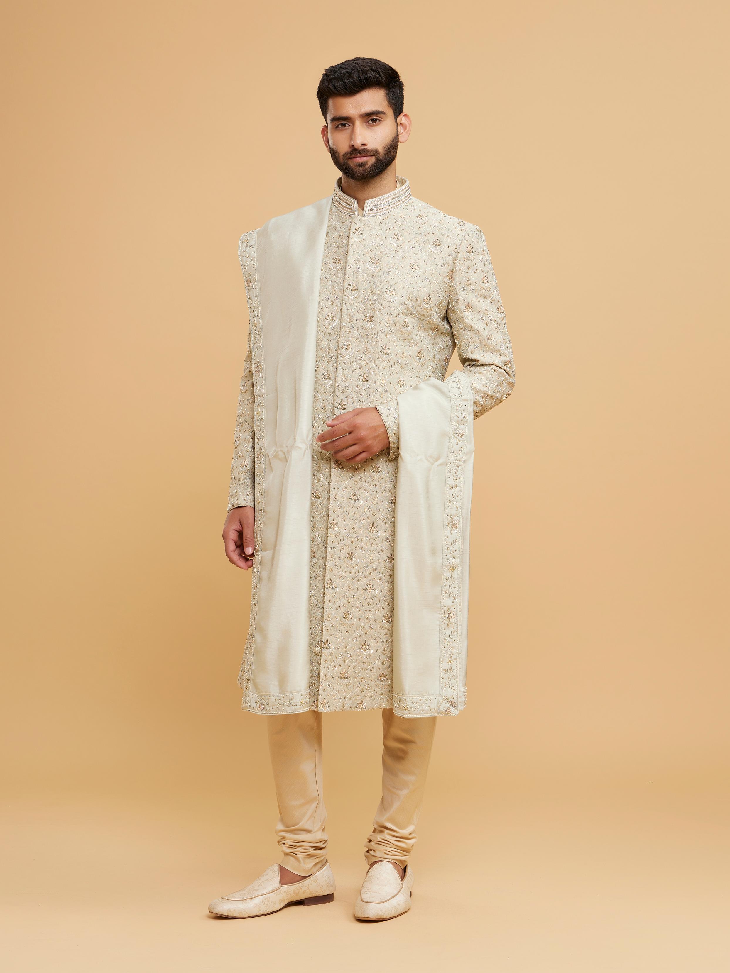 Twamev Men Pista Green Brocade Masterpiece Sherwani