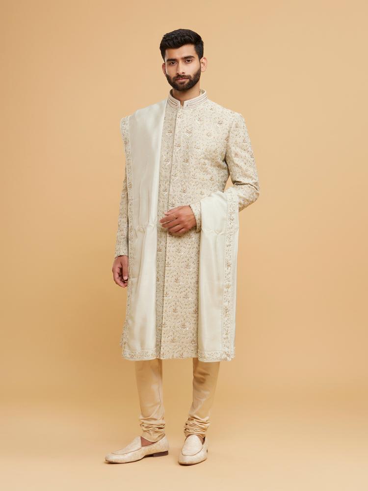 Twamev Men Pista Green Brocade Masterpiece Sherwani