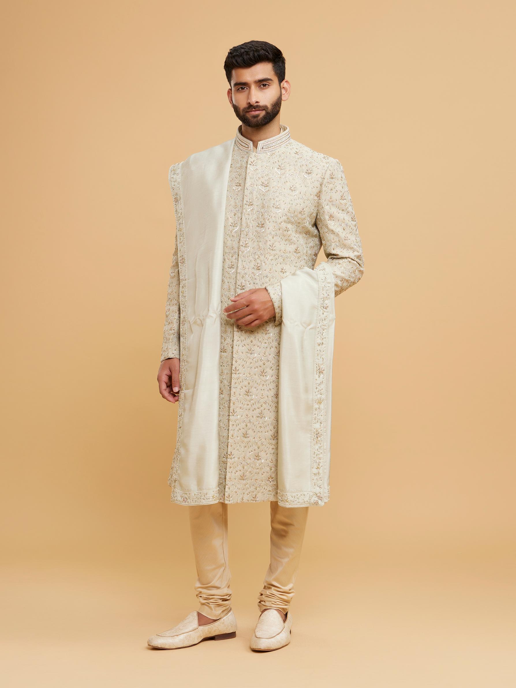 Twamev Men Pista Green Brocade Masterpiece Sherwani