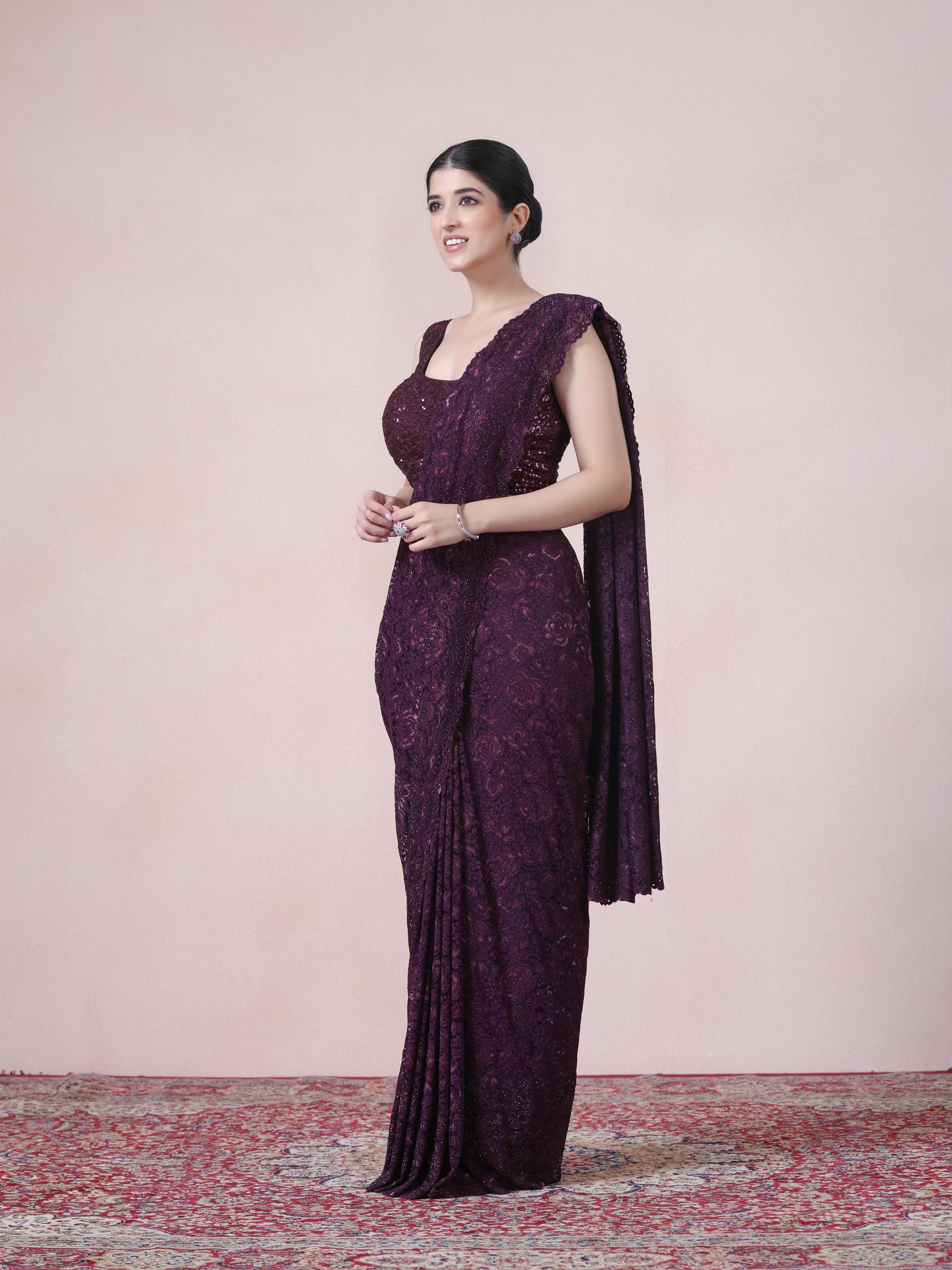 Twamev Women Designer Dark Purple Net Saree