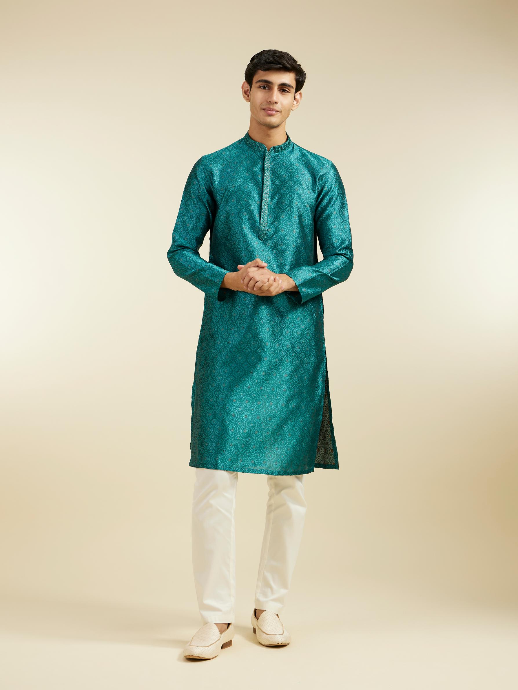 Diwas Men Teal Green Ogee Jaal Patterned Kurta