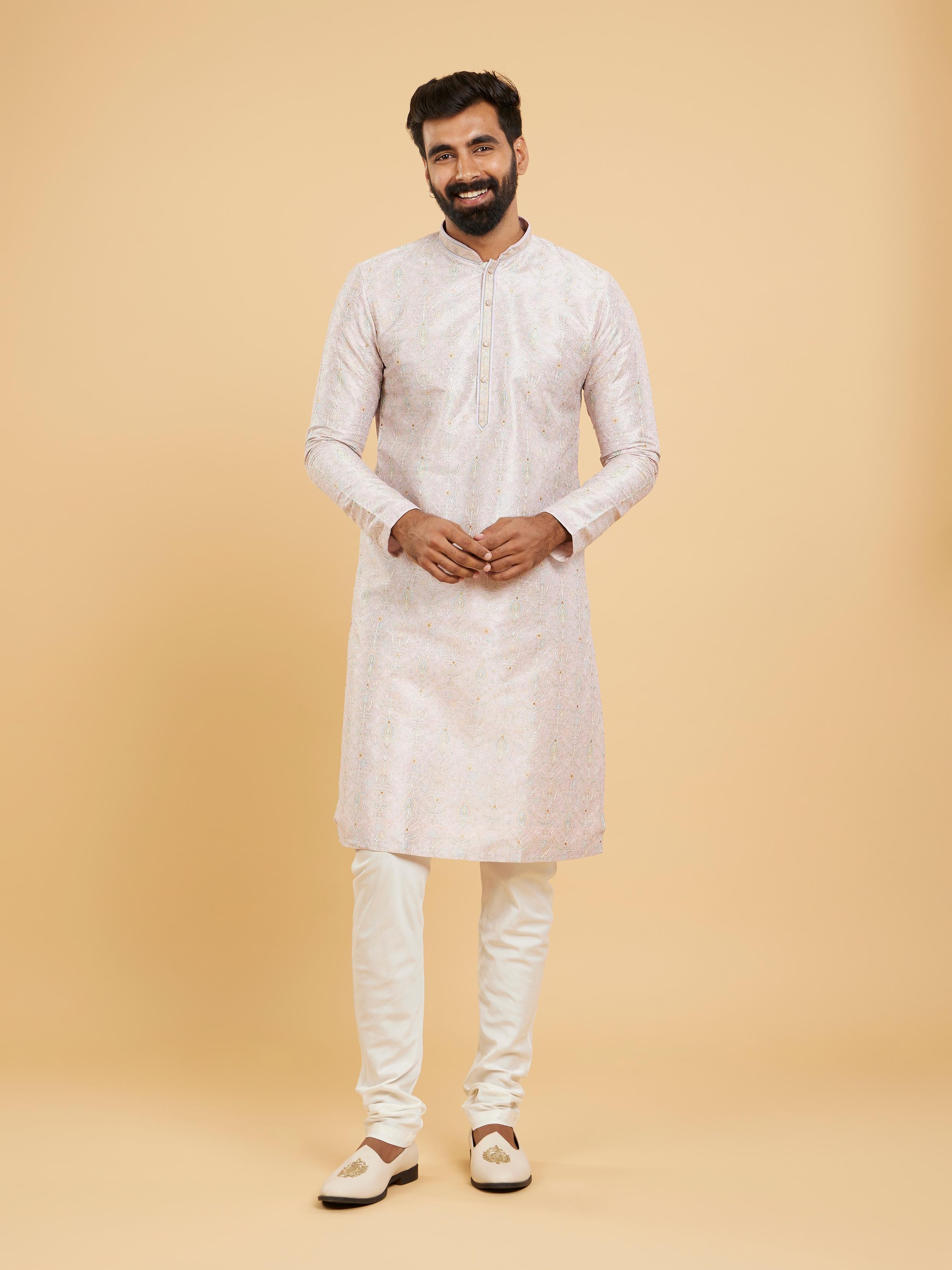 Twamev Men Soft Lilac Botanical Printed Kurta Set