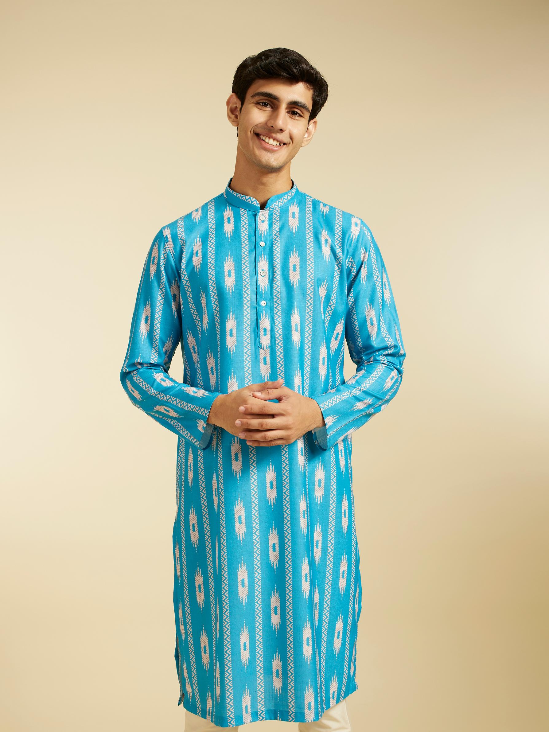 Diwas Men Turquoise Blue Ikat Inspired Patterned Kurta