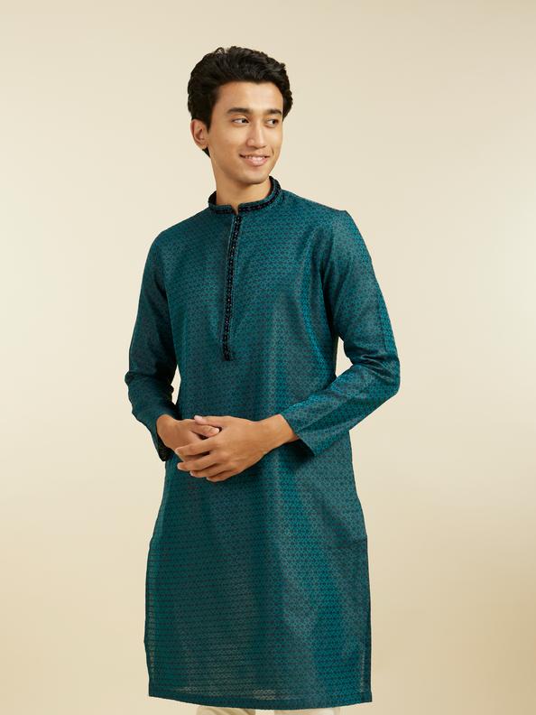 Diwas Men Teal Green Floral Buta Patterned Kurta with Sequinned Neckline