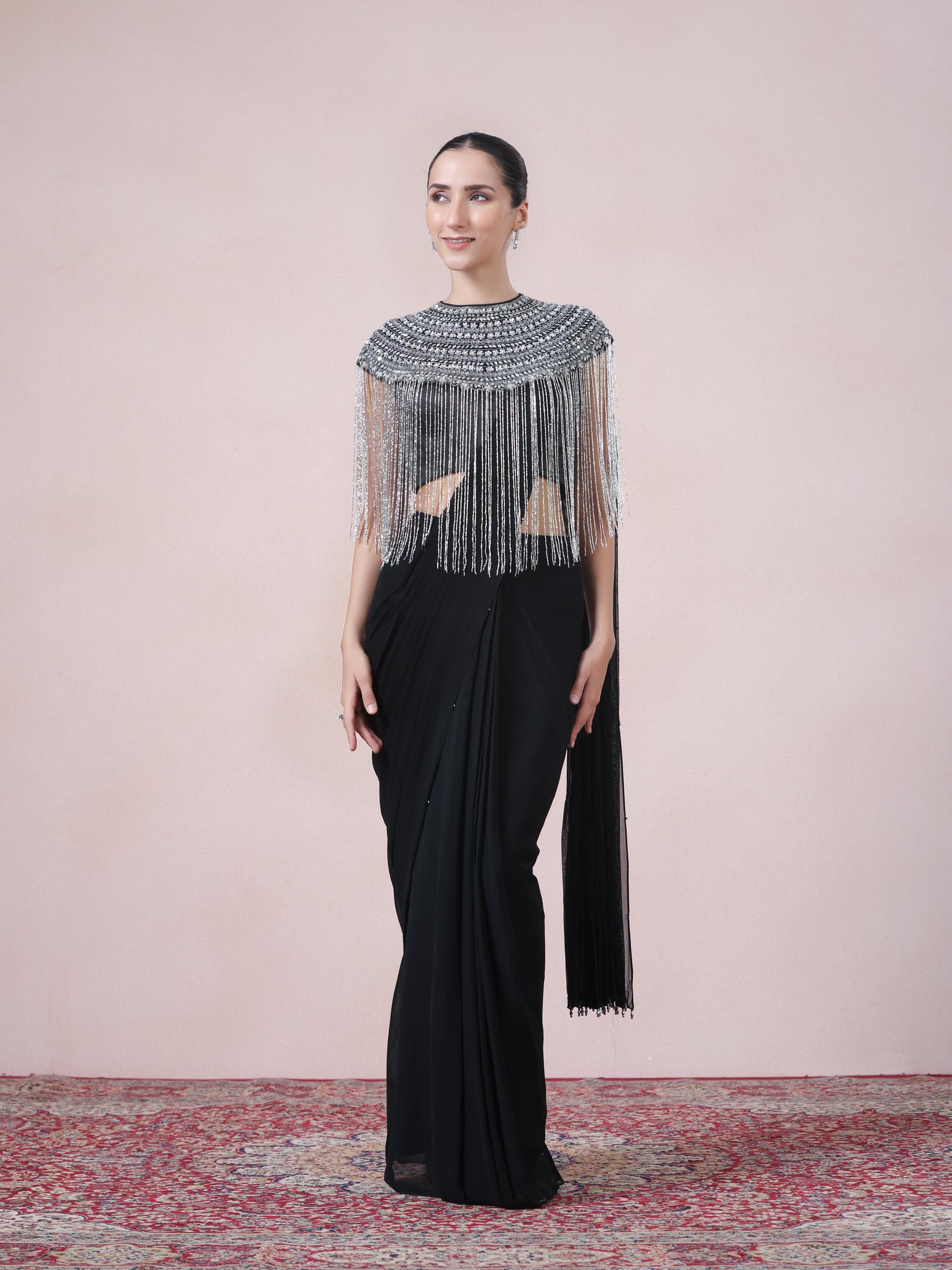 Twamev Women Boho Glamour in Black Georgette Indo Western Saree
