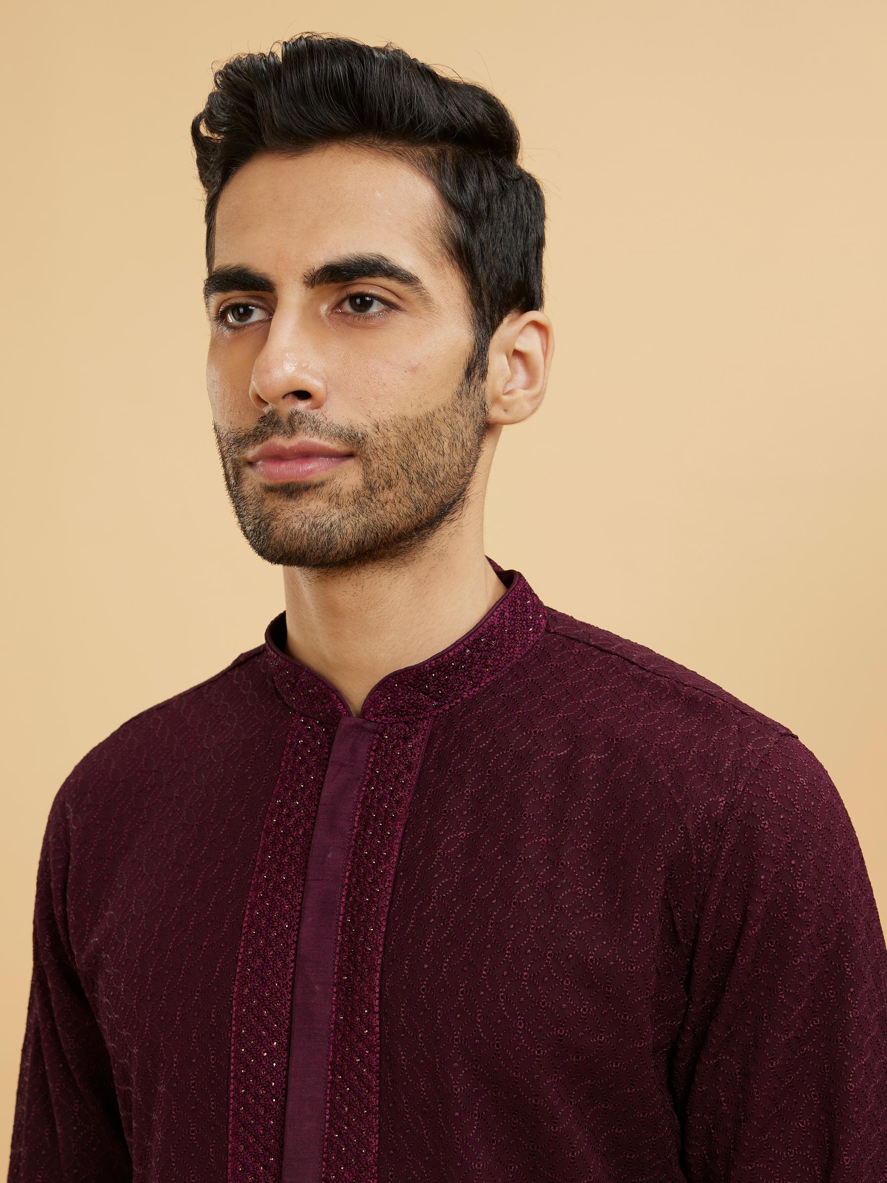 Twamev Men Wine Red Jaal Patterned Kurta Set with Embellished Placket