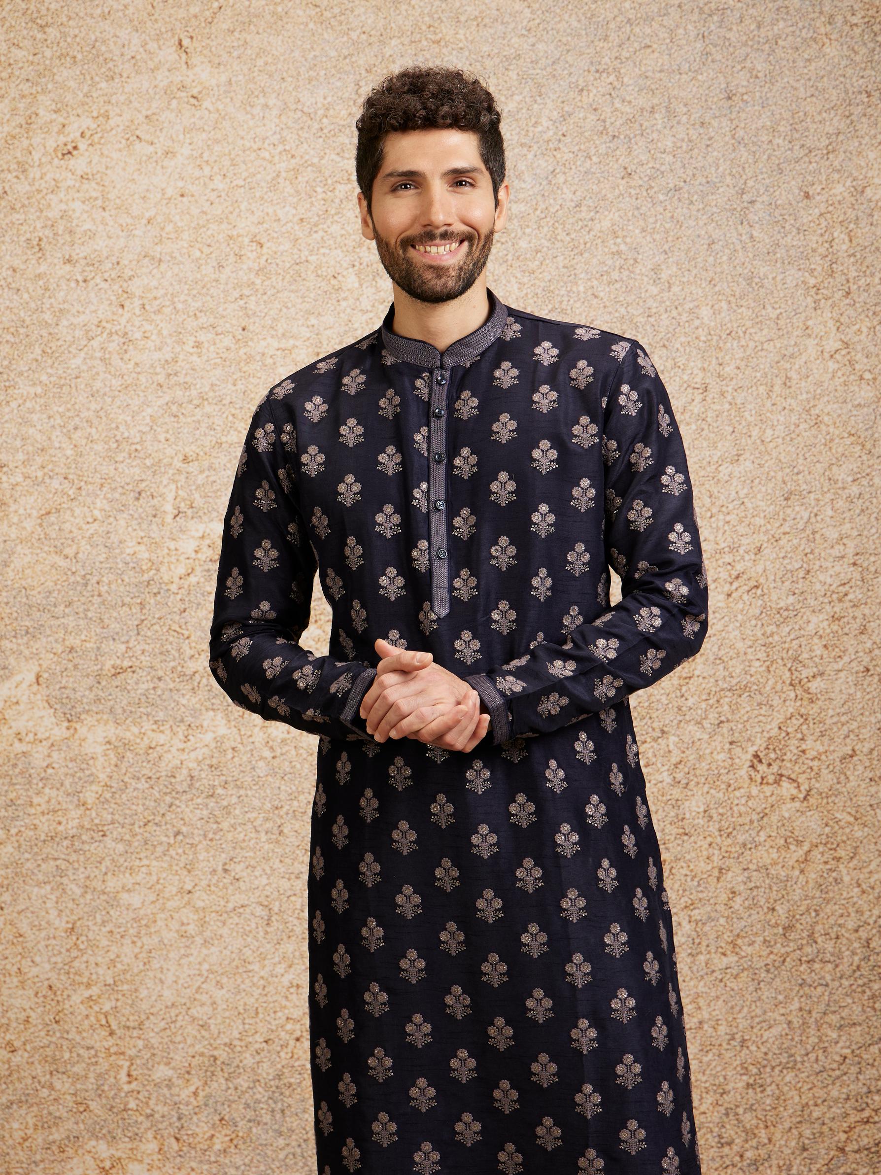 Twamev Men Navy Blue Floral Motif Kurta Set