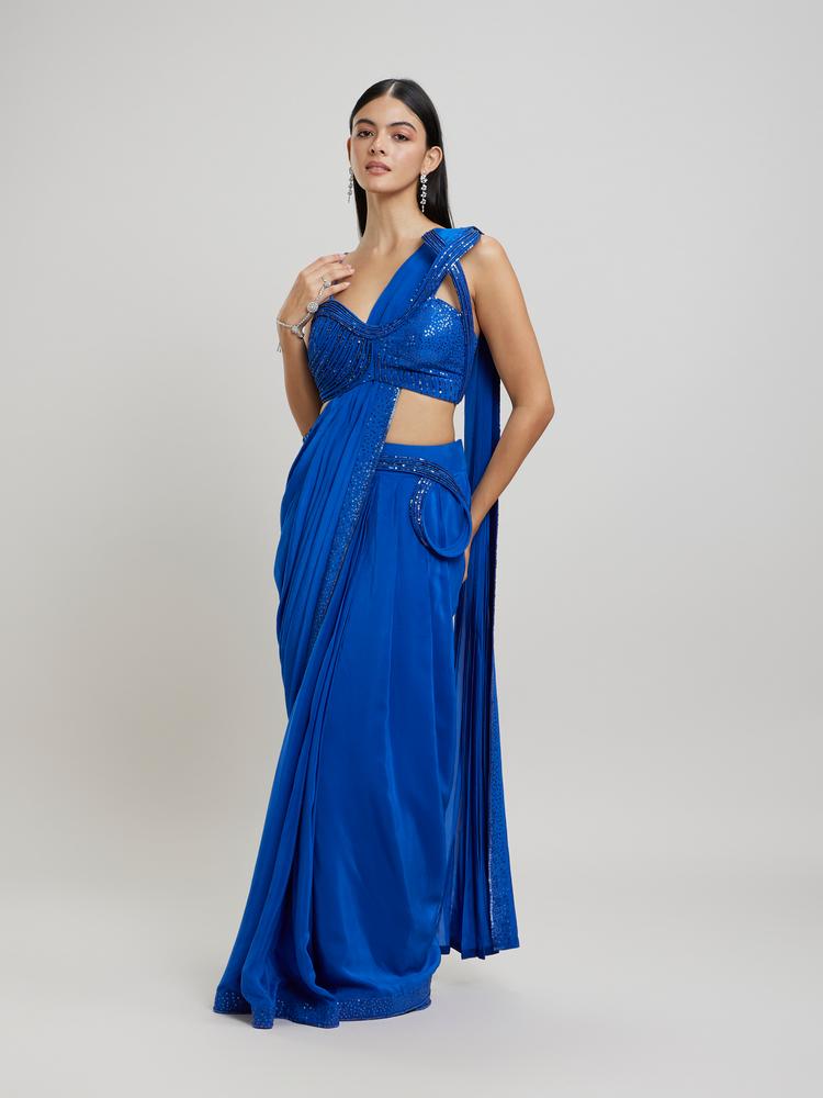 Twamev Women Enchanting Indigo Blue Satin Saree