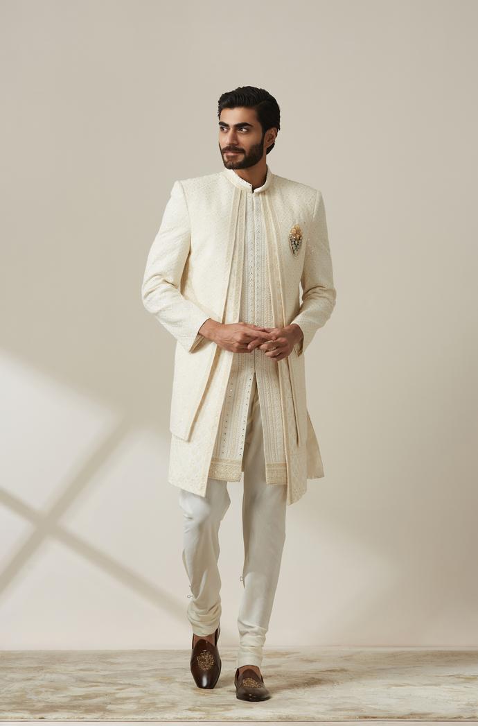 Twamev Men Cream Georgette Self Texture Zari Sherwani