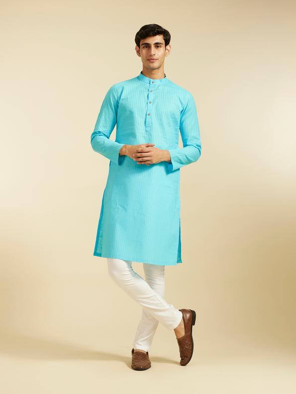 Diwas Men Maya Blue Self Striped Patterned Kurta