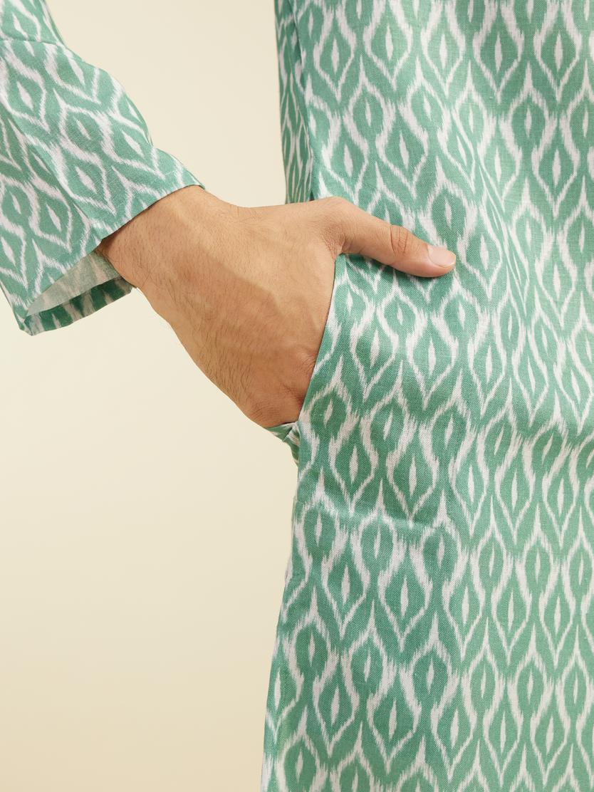 Diwas Men Pistachio Green Ikat Printed Kurta