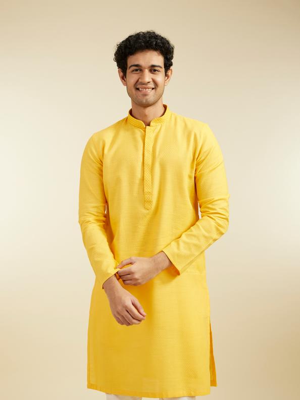 Diwas Men Mustard Yellow Lattice Patterned Kurta with Embroidered Neckline