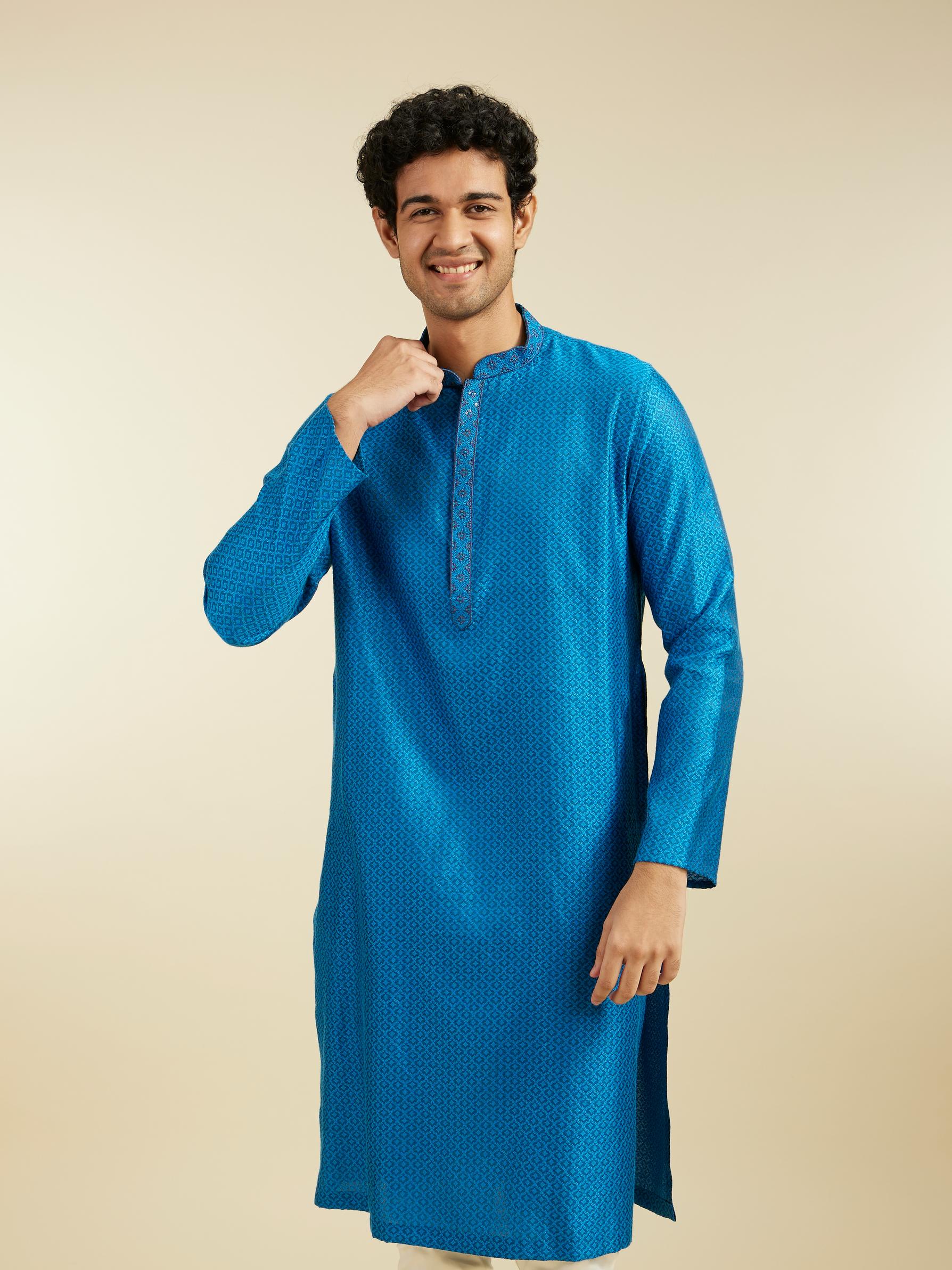 Diwas Men Lapis Blue Lattice Patterned Kurta