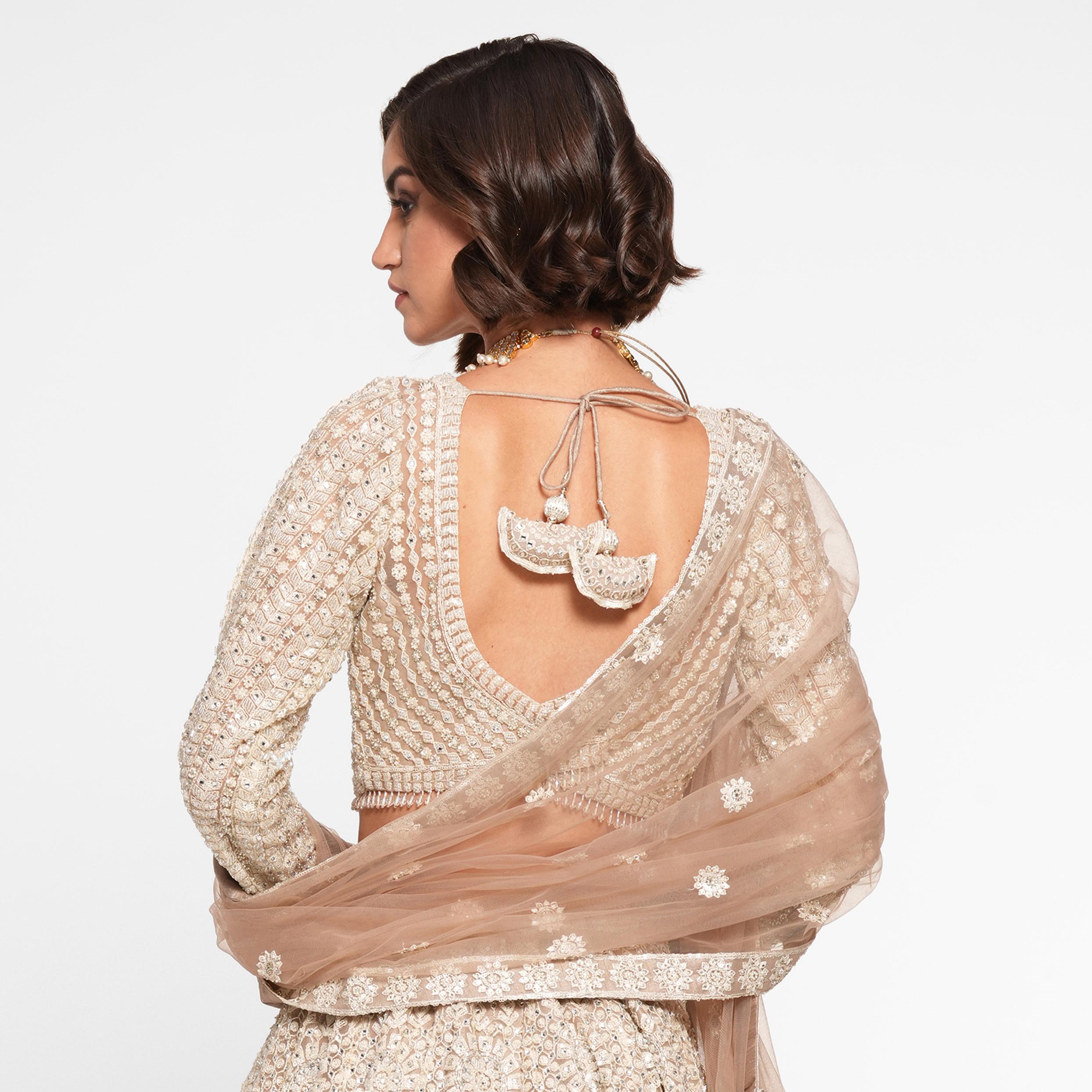 Twamev Women Beige Regalia Net Skirt Top Set