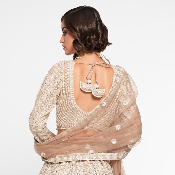 Twamev Women Beige Regalia Net Skirt Top Set