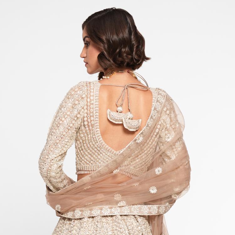 Twamev Women Beige Regalia Net Skirt Top Set