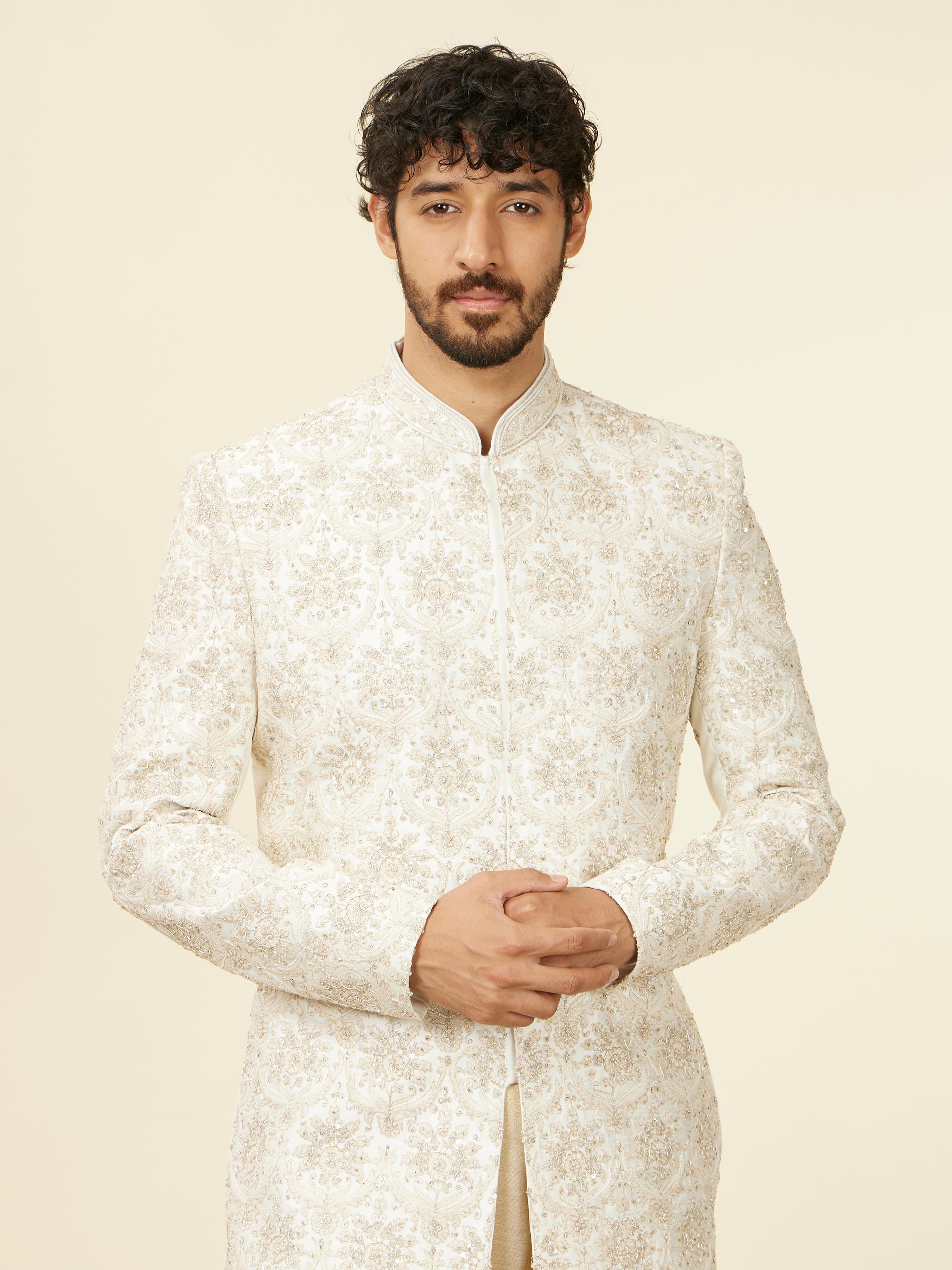 Twamev Men Warm White Floral Patterned Sherwani Set