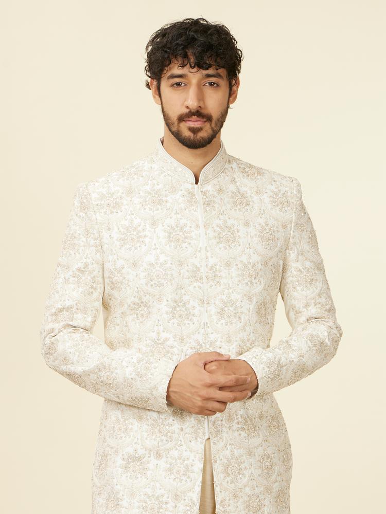 Twamev Men Warm White Floral Patterned Sherwani Set