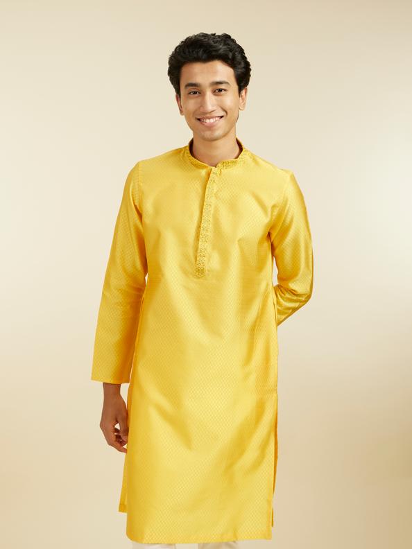 Diwas Men Sunshine Yellow Lattice Patterned Kurta with Embroidered Neckline