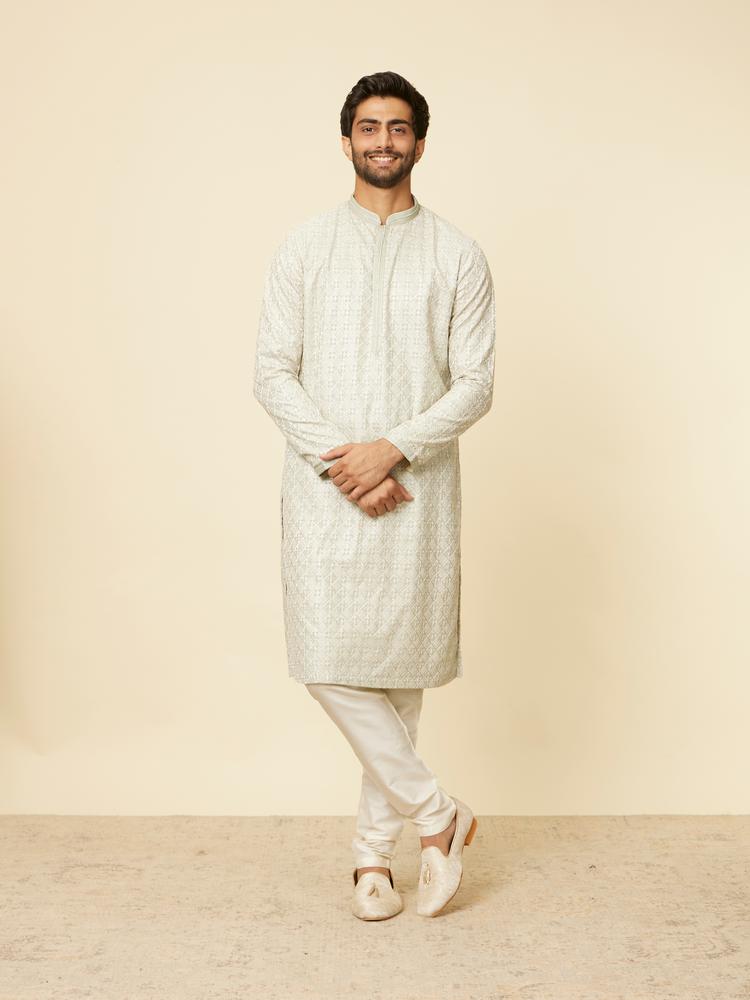 Twamev Men Pista Green Self Patterned Kurta set