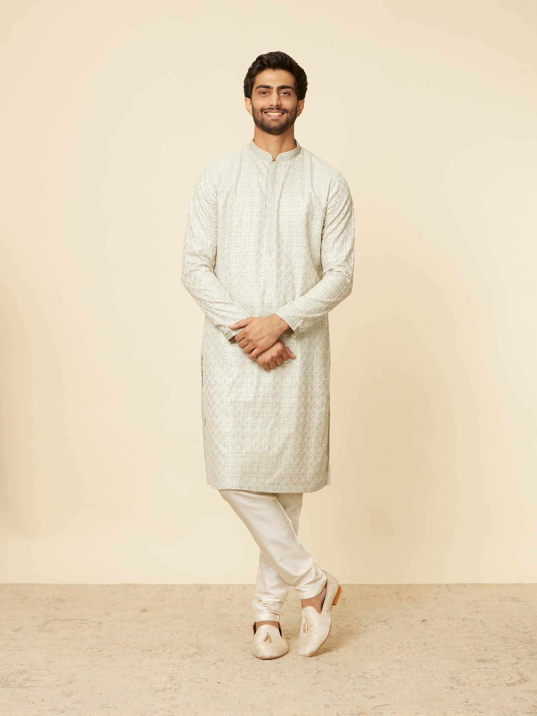 Twamev Men Pista Green Self Patterned Kurta set
