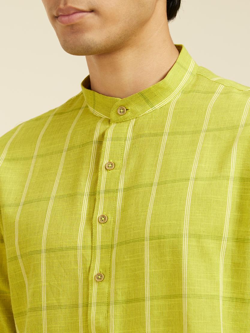 Diwas Men Soft Green Windowpane Checks Patterned Kurta