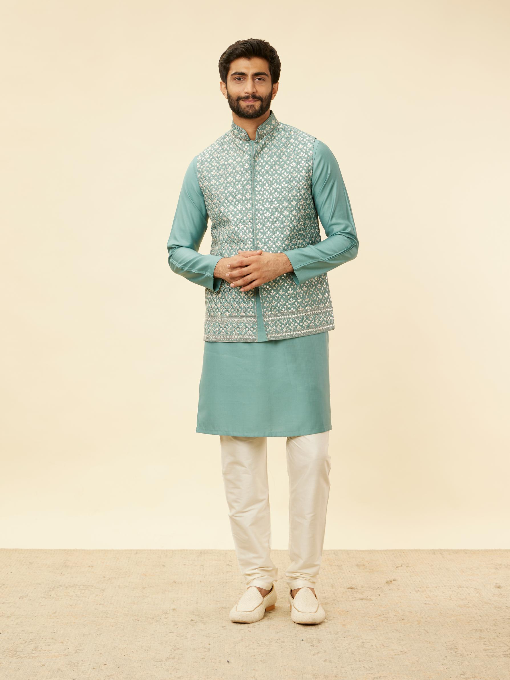 Twamev Men Mid Blue Floral Blue Patterned Kurta Jacket Set