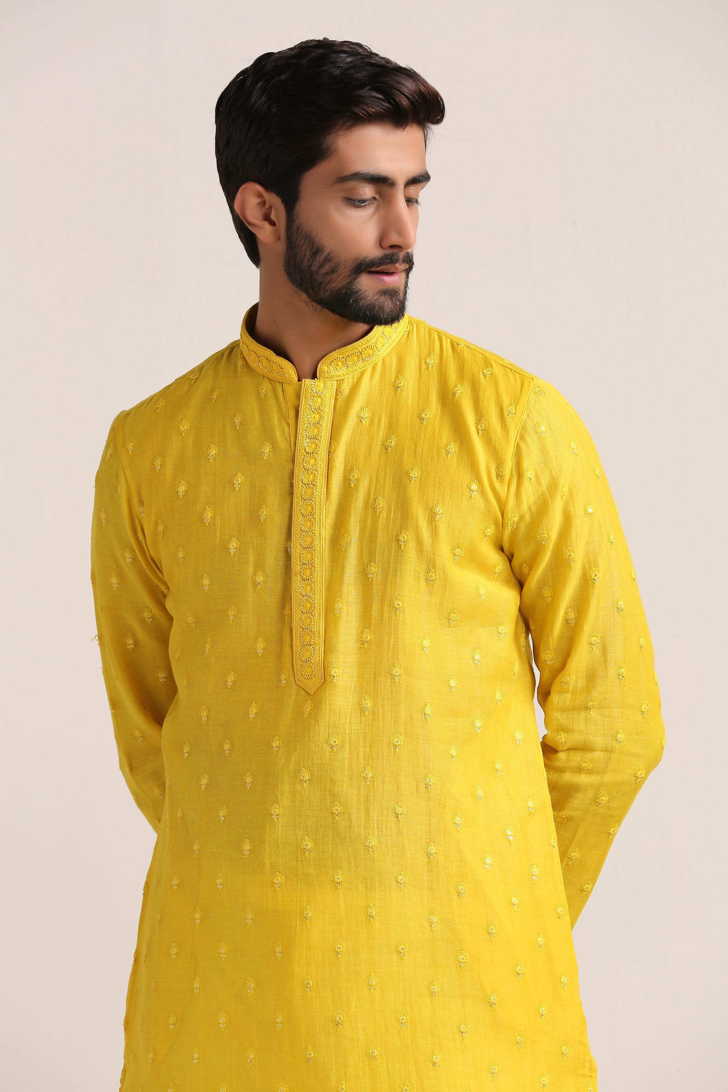 Twamev Men Vibrant Yellow Self Embroidered Kurta Set