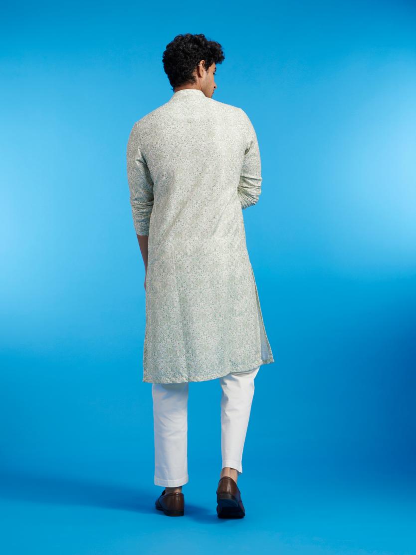 Diwas Men Soft Green Paisley Patterned Kurta with Rhinestones