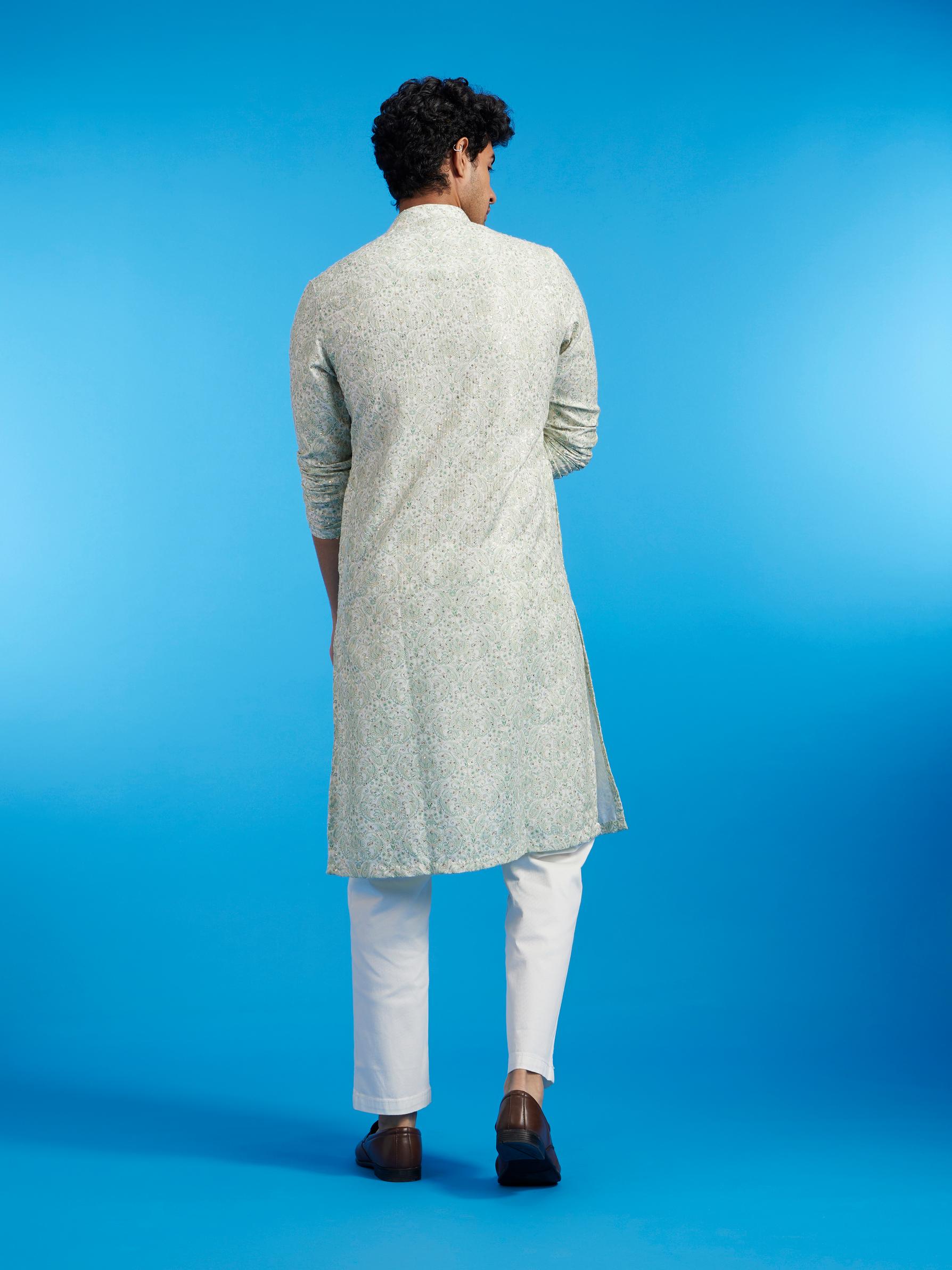 Diwas Men Soft Green Paisley Patterned Kurta with Rhinestones