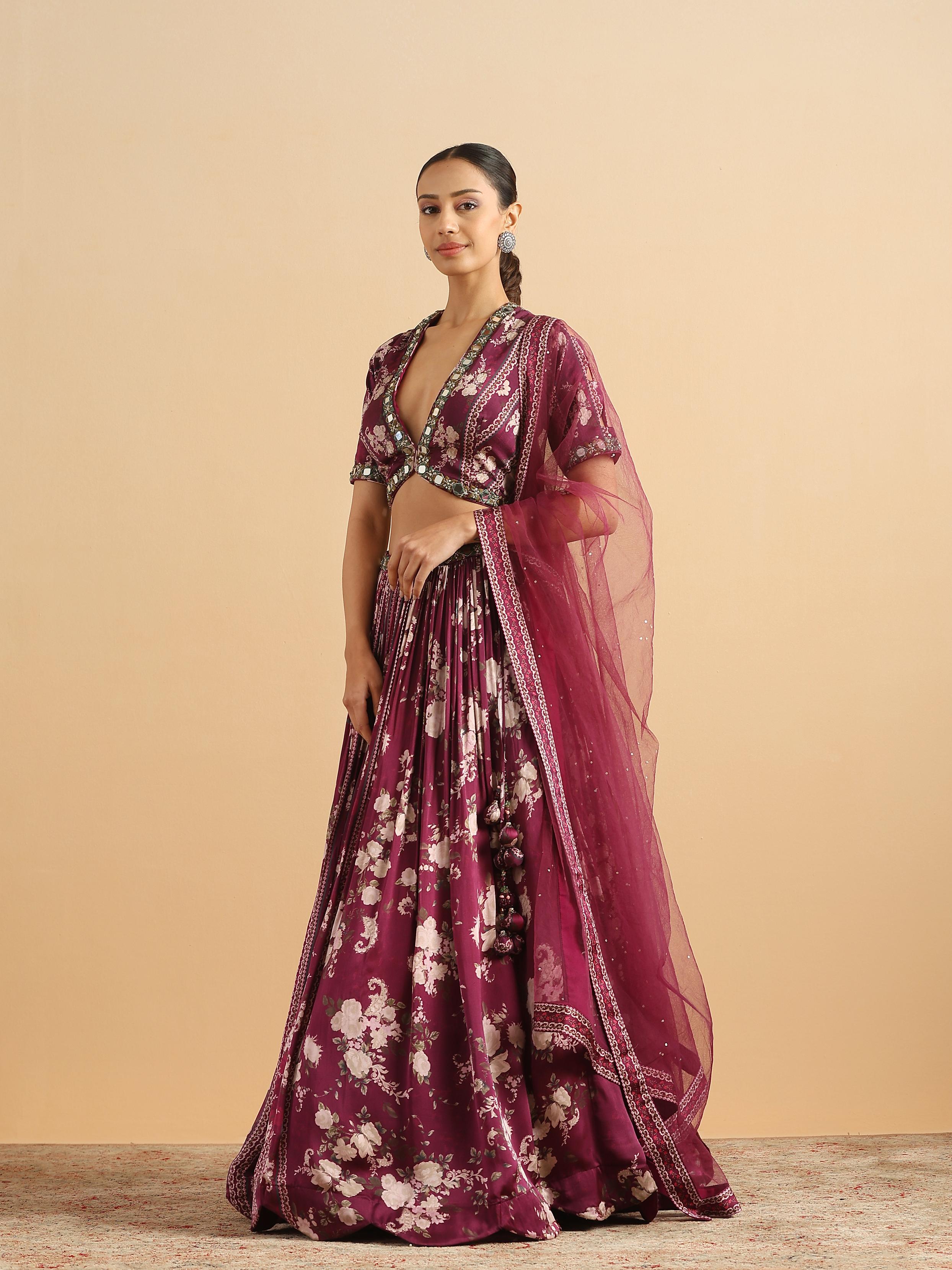 Twamev Women Royal Purple Floral Satin Skirt Top Set