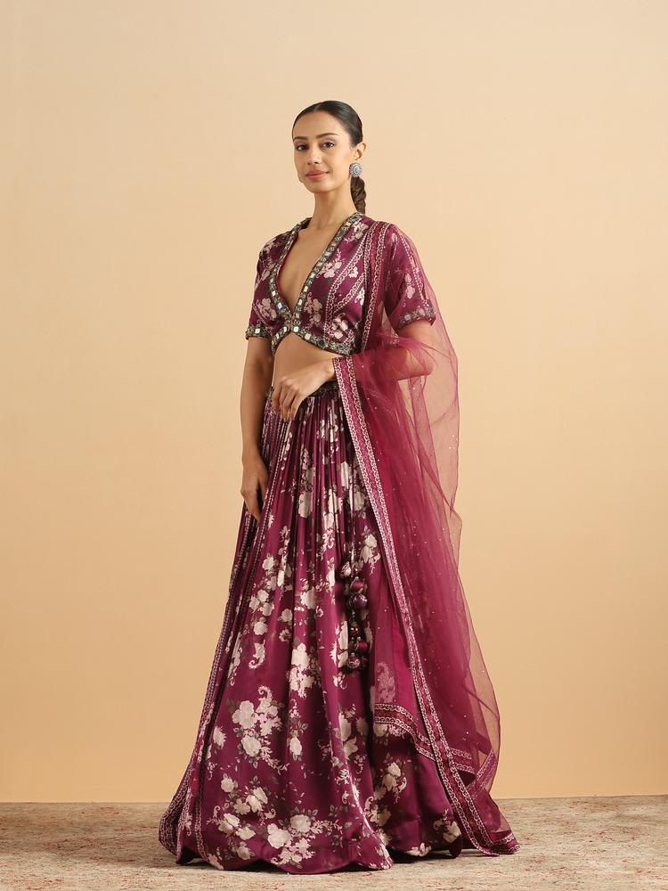Twamev Women Royal Purple Floral Satin Skirt Top Set