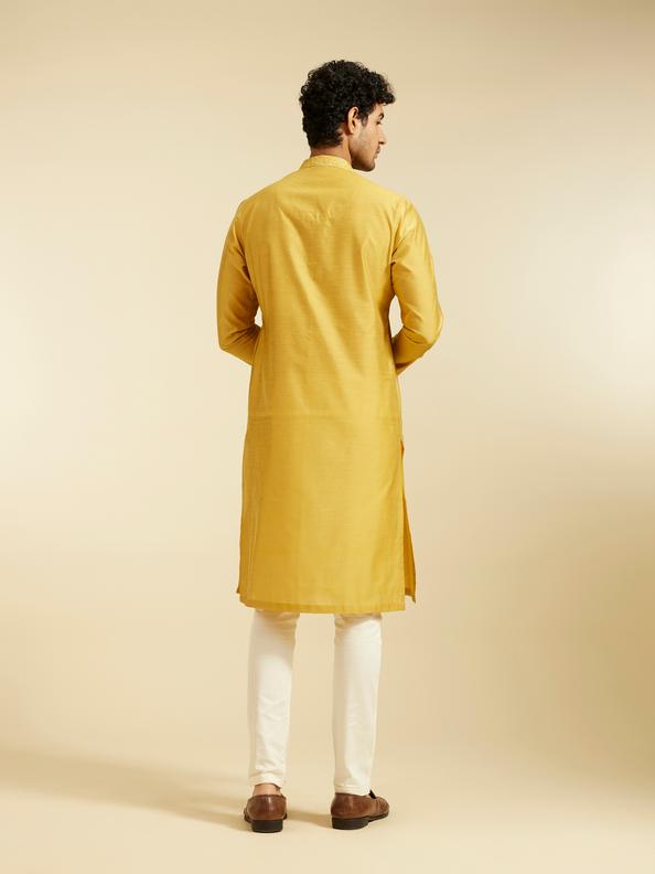 Diwas Men Mustard Yellow Plain Classic Kurta with Embroidered Neckline