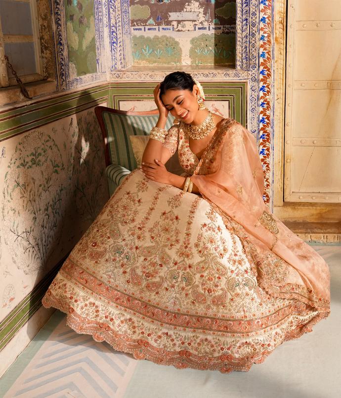 Twamev Women Cream Splendor Lehenga