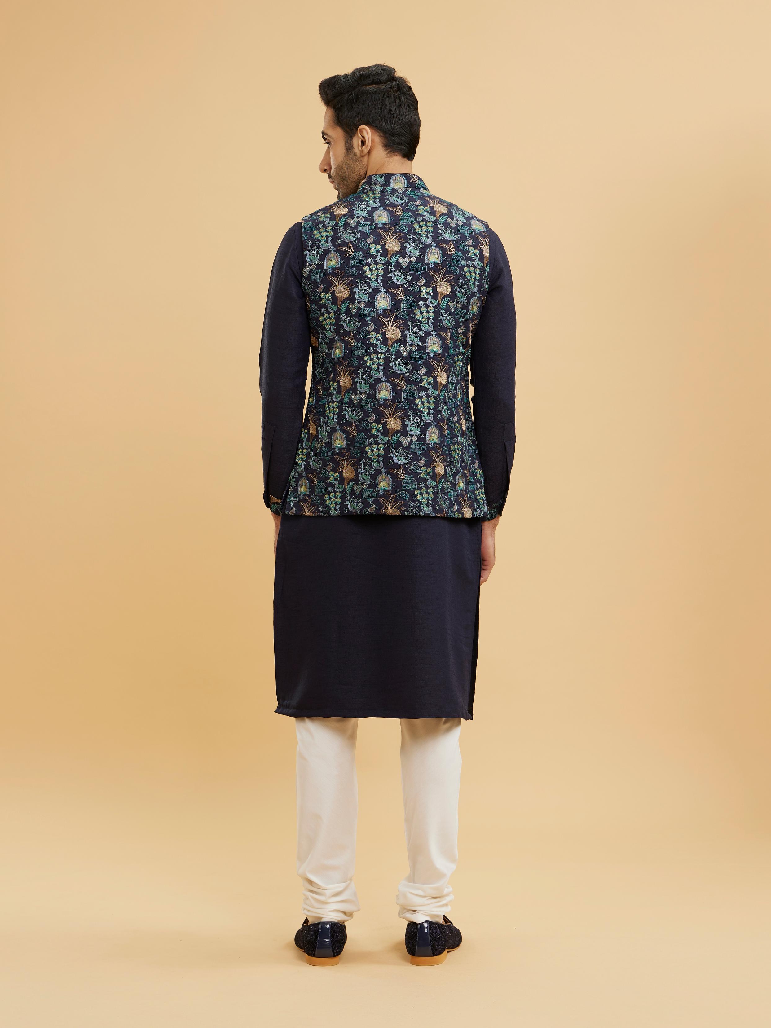 Twamev Men Navy Blue Kurta Set with Village Inspired Motifs