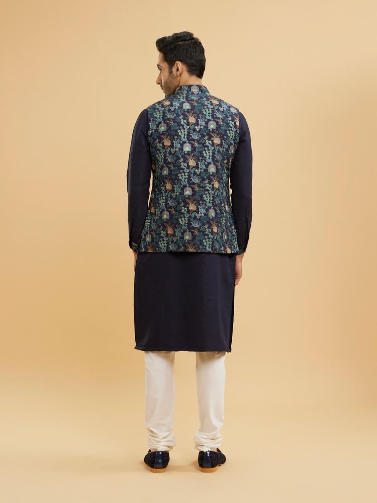 Twamev Men Navy Blue Kurta Set with Village Inspired Motifs