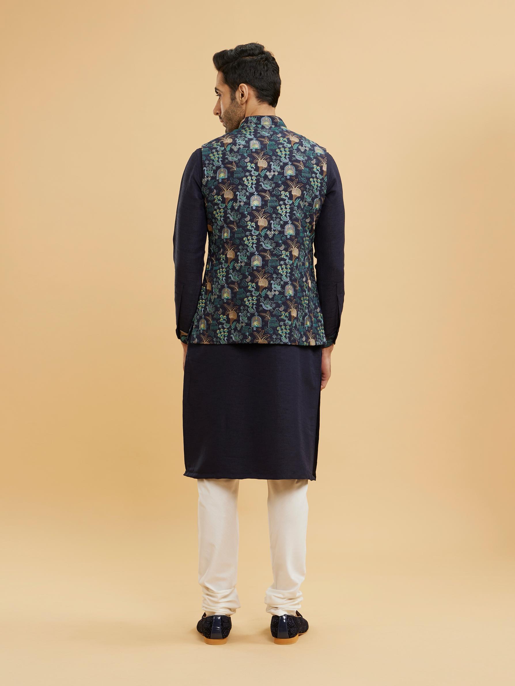 Twamev Men Navy Blue Kurta Set with Village Inspired Motifs