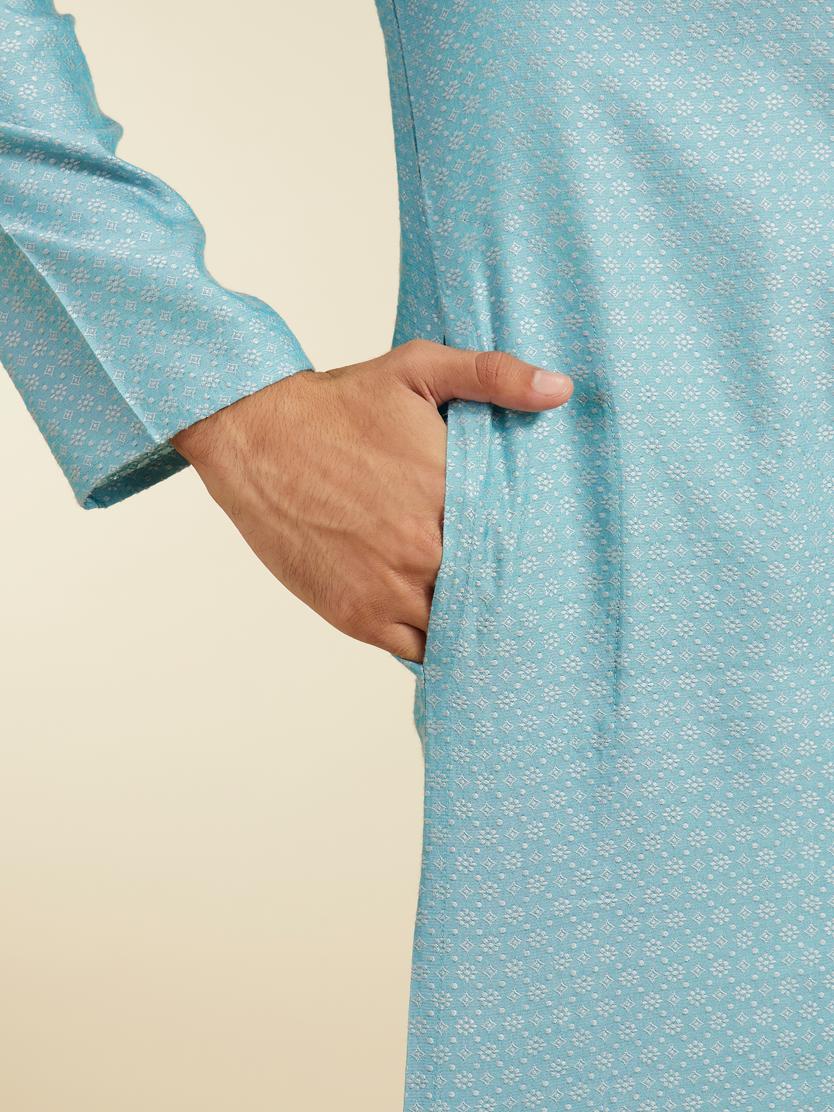Diwas Men Powder Blue Floral Buta Patterned Kurta with Sequinned Neckline