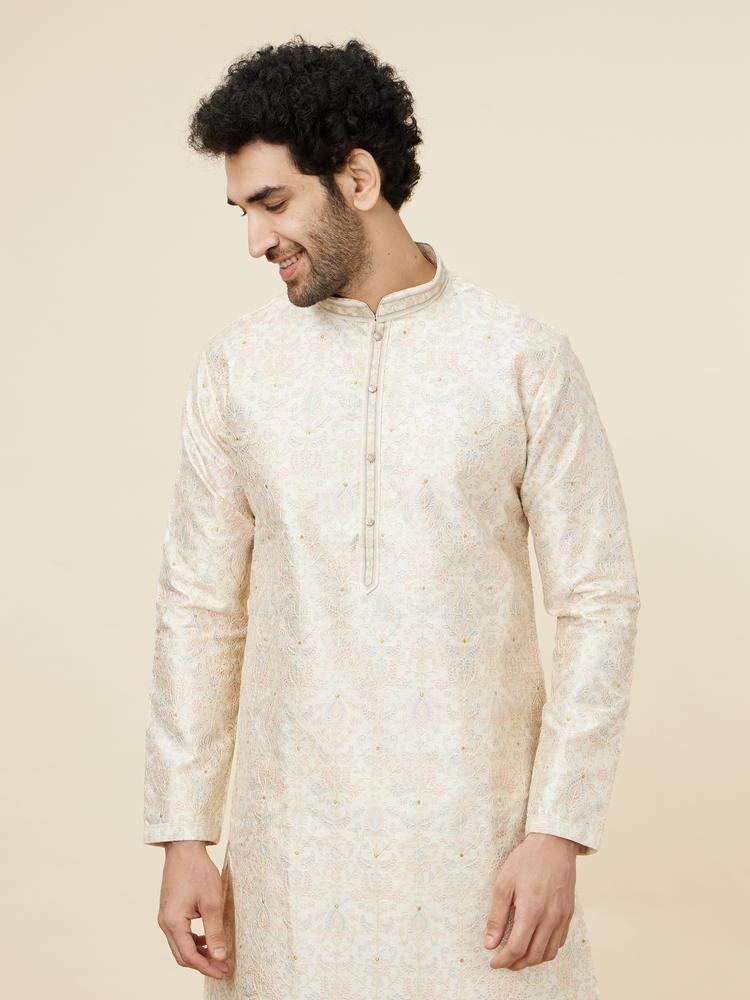 Twamev Men Beige Blossom Kurta Set