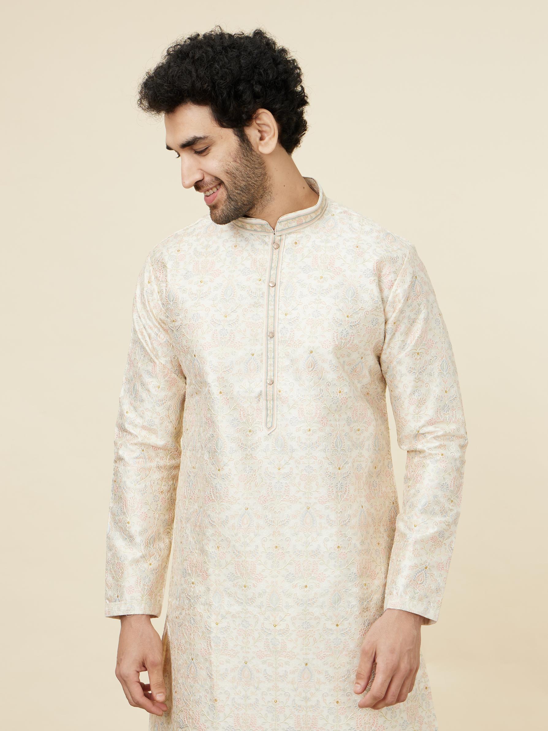 Twamev Men Beige Blossom Kurta Set