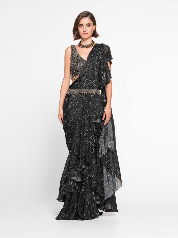 Twamev Women Black Chinon Sequin Elegance Saree