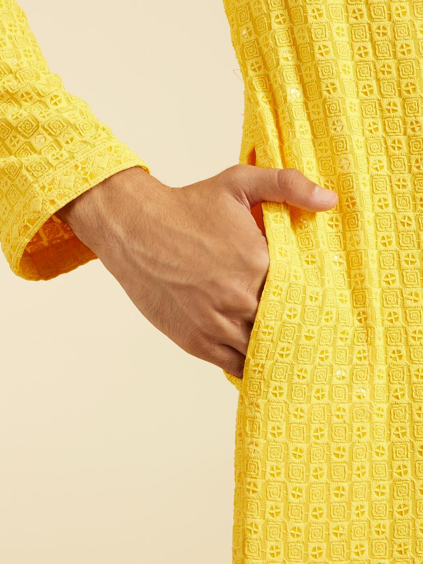 Diwas Men Sunshine Yellow Chikankari Sequinned Kurta