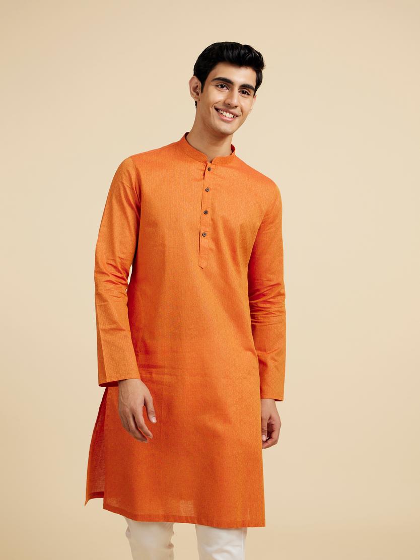 Diwas Men Pumpkin Orange Lattice Patterned Kurta