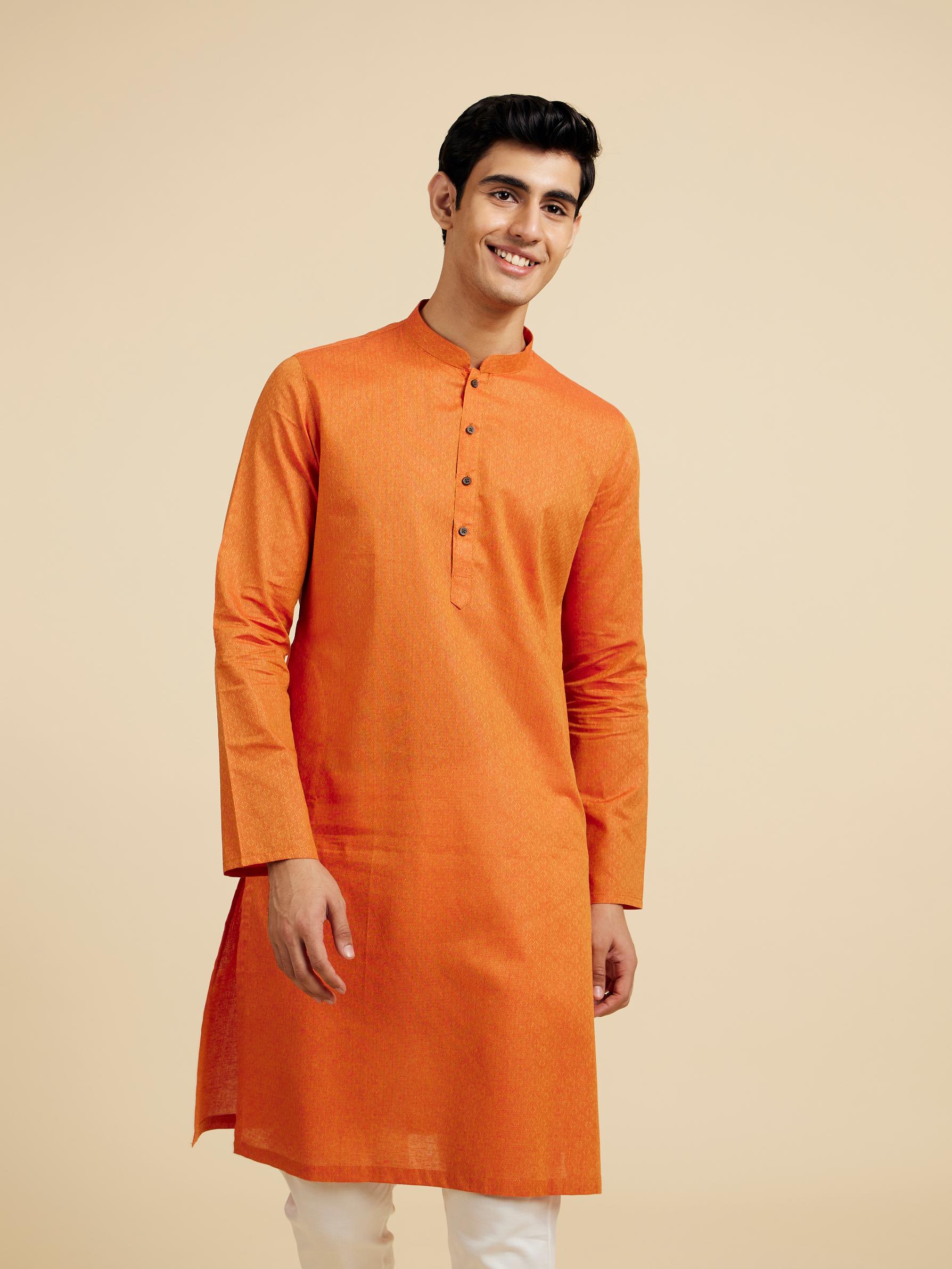 Diwas Men Pumpkin Orange Lattice Patterned Kurta