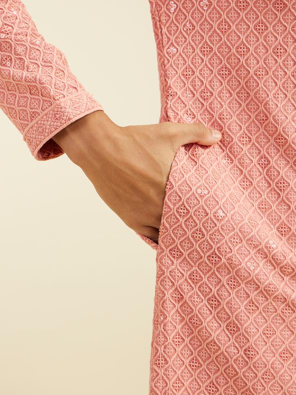 Diwas Men Coral Peach Chikankari Kurta With Sequins