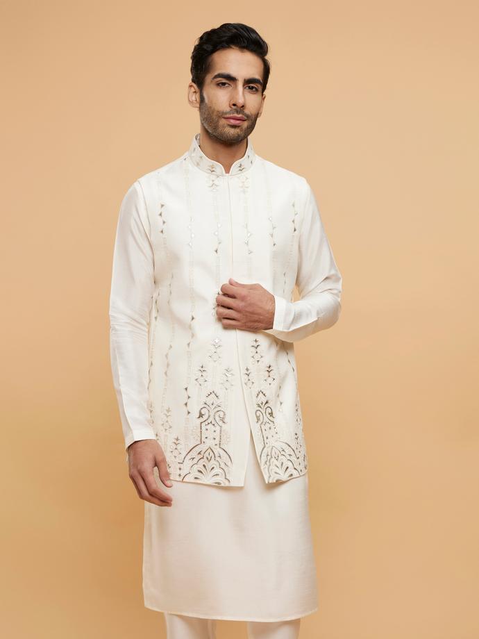 Twamev Men Cream White Jacket Set with Minimal Imperial motifs in Metallic Embroidery