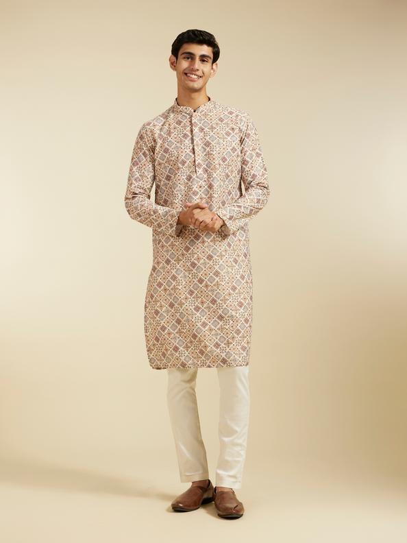 Diwas Men Soft Beige Chikankari Inspired Printed Kurta