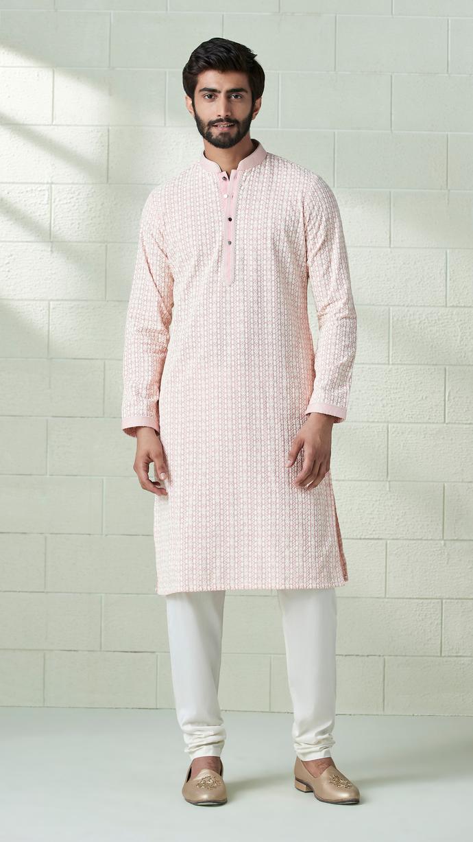 Twamev Men Rosewater Pink Embroidered Kurta Set